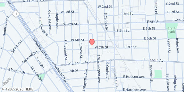 Map showing First United Methodist Church of Royal Oak at 320 West 7th Street, Royal Oak, MI