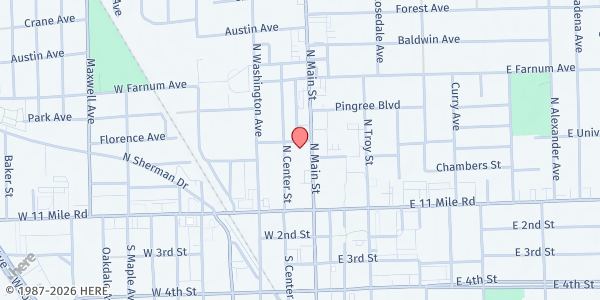 Map showing Genesis the Church at 309 North Main Street, Royal Oak, MI