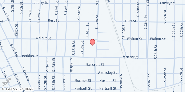 Map showing Harvest Assembly of God at 625 S.17th St., Saginaw, MI