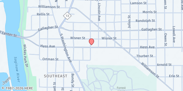 Map showing New Beginnings Ministries Outreach at 701 Hess Ave., Saginaw, MI