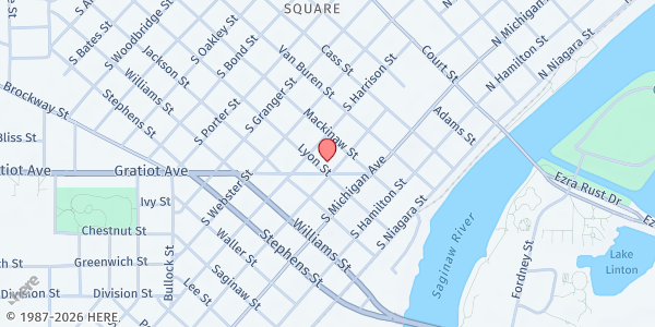 Map showing Old Town Soup Kitchen at 600 Gratiot Ave, Saginaw, MI