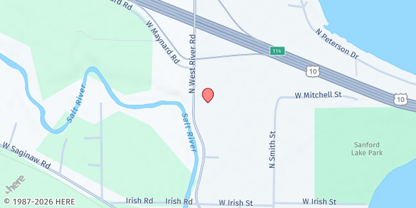 Map showing Sanford Food Pantry at 2560 W. River Rd, Sanford, MI