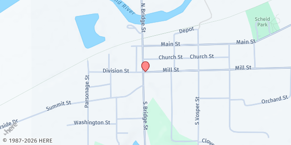 Map showing Saranac Clarksville District Library - Saranac Branch at 61 Bridge Street, Saranac, MI