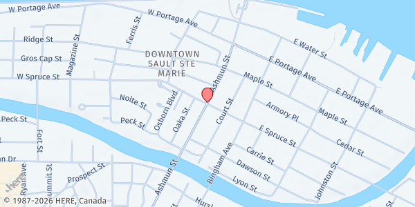 Map showing Big Bear Arena (Chi Mukwa) at 2 Ice Circle, Sault Ste. Marie, MI