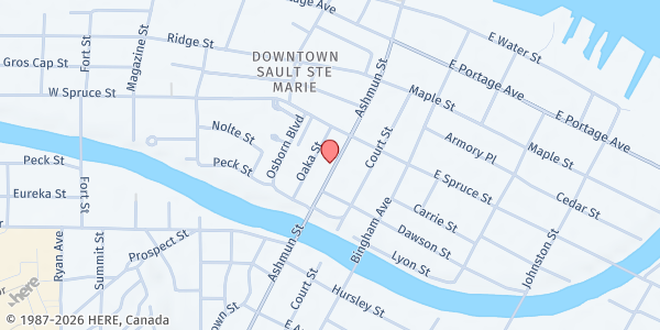 Map showing Chippewa-Luce-Mackinac Community Action Agency - Sault Ste. Marie at 524 Ashmun St, Sault Ste. Marie, MI