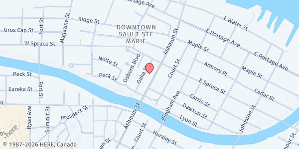 Map showing CLM-CAA Senior Meals - Sault Sainte Marie at 524 Ashmun St, Sault Ste. Marie, MI