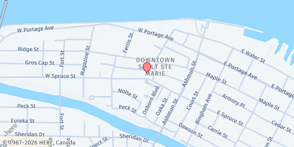 Map showing First Church of Christ at 300 W. Spruce St., Sault Ste Marie, MI