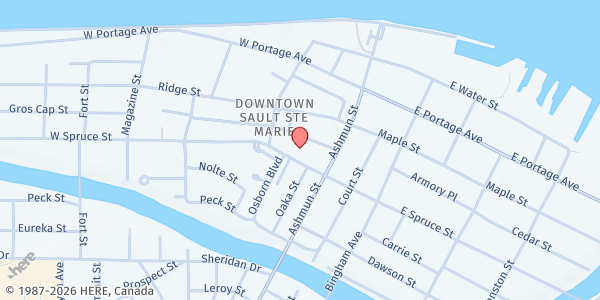 Map showing Salvation Army (Sault Ste Marie) at 132 W Spruce St., Sault Ste Marie, MI