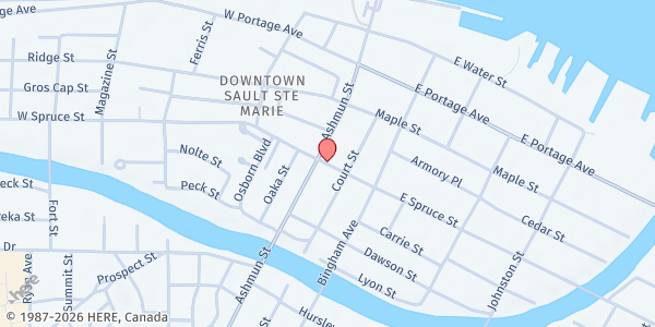 Map showing Salvation Army - Sault Ste Marie at 132 E Spruce Street, Sault Ste Marie, MI