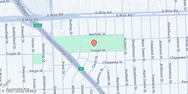 Map showing MP – Jalen Rose Leadership Academy at 15000 Trojan Street, Schaefer 7/8 Lodge, MI