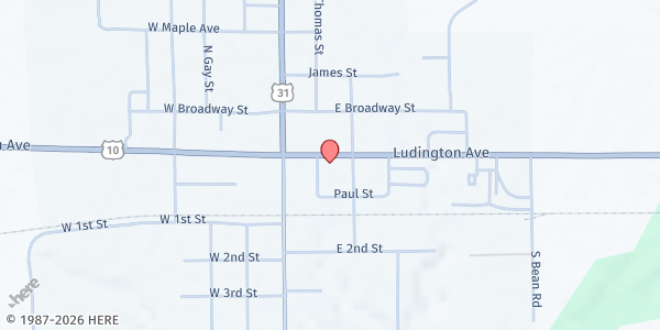 Map showing Scottville Public Library at 204 E State St, Scottville, MI