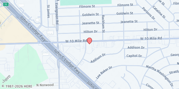Map showing Family Victory Fellowship Church at 19421 West 10 Mile Road, Southfield, MI