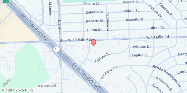 Map showing MP-Family Victory Outreach at 19421 West 10 Mile Road, Southfield, MI