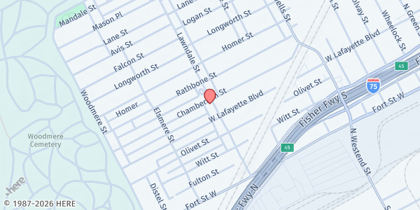 Map showing Latino Family Services - Food Pantry at 1145 Lawndale Street, Springwells, MI