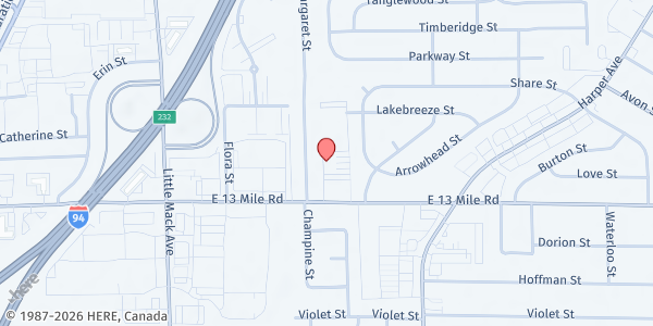 Map showing SVDP at St. Margaret's at 21201 East Thirteen Mile Road, St. Clair Shores, MI