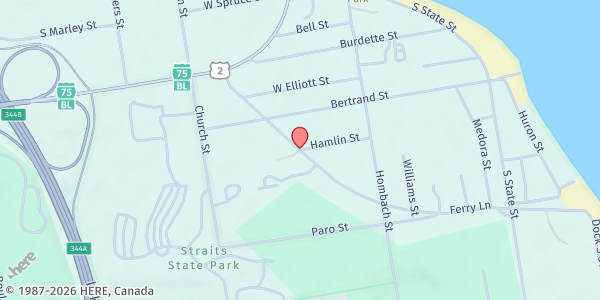 Map showing St. Ignace Food Pantry at 250 Ferry Lane, St. Ignace, MI
