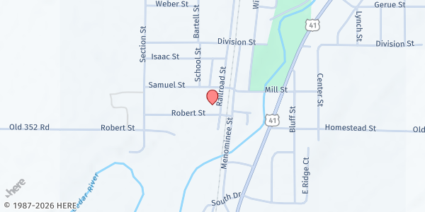 Map showing Menominee County Library at S319 Railroad St, Stephenson, MI