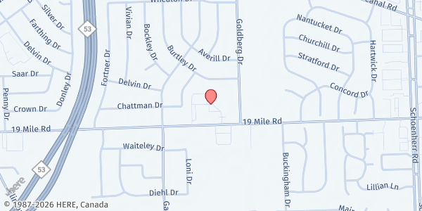 Map showing St. Matthias BABY at 12509 19 Mile Road, Sterling Heights, MI