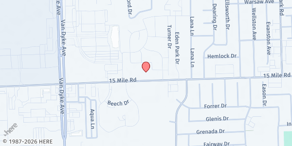 Map showing St. Thomas at 8771 15 Mile Road, Sterling Heights, MI