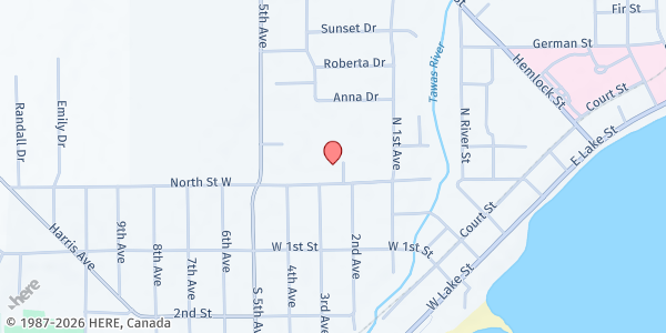 Map showing Emanuel Lutheran Church at 300 N St W, Tawas City, MI