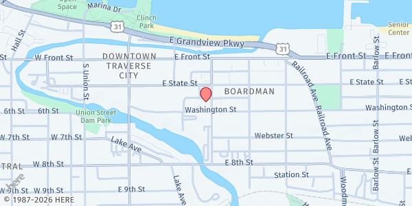 Map showing Grace Episcopal Church Food Pantry & Community Lunch at 341 Washington Street, Traverse City, MI