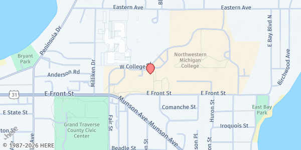 Map showing Northwestern Michigan College - Maple Parking Lot at 1701 E. Front Street, Traverse City, MI