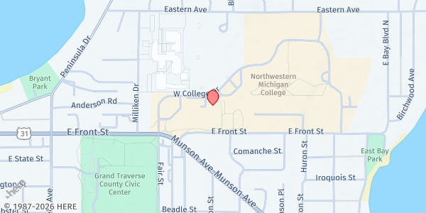 Map showing Northwestern Michigan College Pantry at 1701 E. Front St., Traverse City, MI