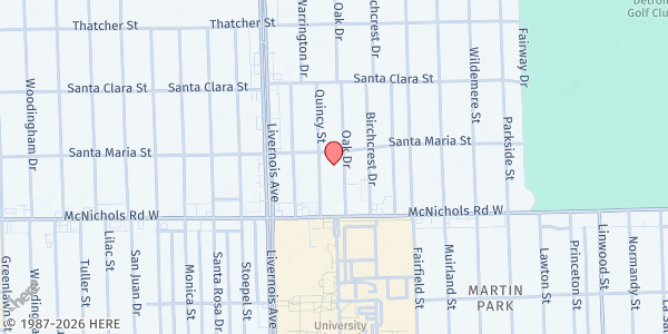 Map showing Gesu Catholic Church at 17180 Oak Drive, University District, MI