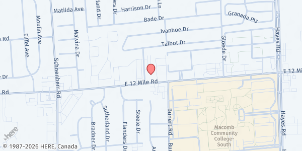 Map showing Christian Church of All Nations at 14205 Twelve Mile Road, Warren Woods, MI