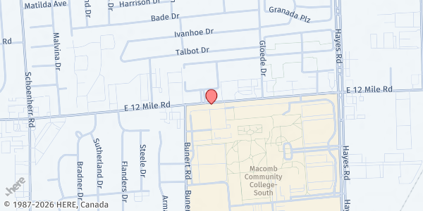 Map showing Macomb Community College - South Campus (Parking Lots 7 & 8) at 14500 12 Mile Road, Warren Woods, MI