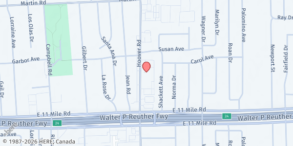Map showing The Pantry @ Woodside Church at 27300 Hoover Road, Warren Woods, MI