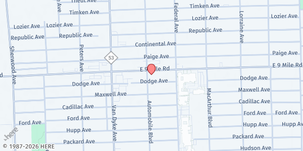 Map showing Harvest Time Christian Fellowship Food Ministry at 8204 East 9 Mile Road, Warren, MI