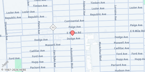 Map showing Harvest Time Christian Fellowship - Warren at 8204 East 9 Mile Road, Warren, MI
