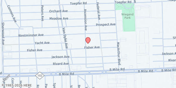 Map showing New St. Paul Missonary Baptist at 21050 Ascension Avenue, Warren, MI