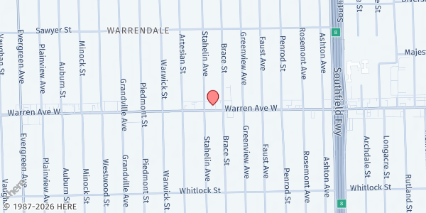 Map showing Force Detroit Turkey, Coat & Holiday Healing Event at 18728 West Warren Avenue, Warrendale, MI
