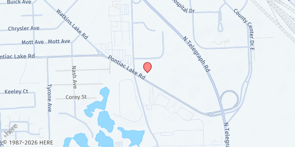 Map showing Oakland County Farmers Market, Gleaners mobile pantry - Waterford Township at 2350 Pontiac Lake Road, Waterford Township, MI