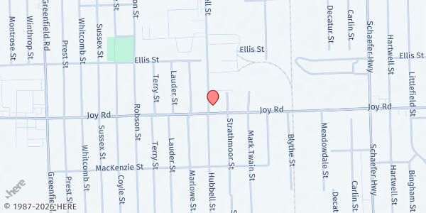 Map showing New Visions Missionary Baptist Church at 14548 Joy Road, We Care Community, MI