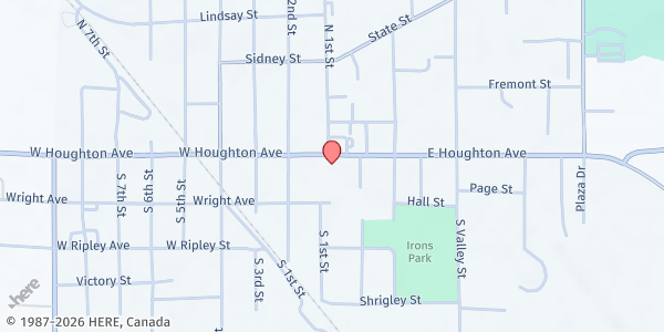 Map showing Ogemaw Co. Christian Fellowship at 100 E. Houghton Ave, West Branch, MI