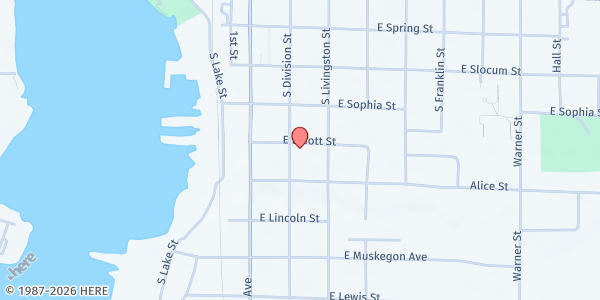 Map showing White Lake Wesleyan Church at 503 S Division St, Whitehall, MI