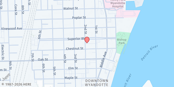Map showing Downriver Community Food Pantry at 135 Superior Blvd, Wyandotte, MI