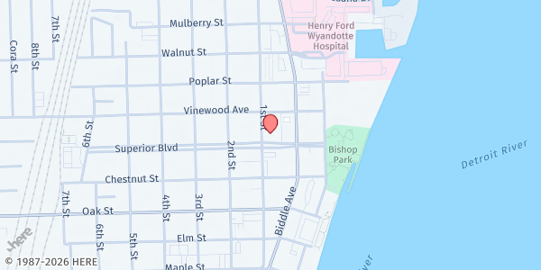 Map showing First Congregational Church of Wyandotte at 98 Superior Boulevard, Wyandotte, MI