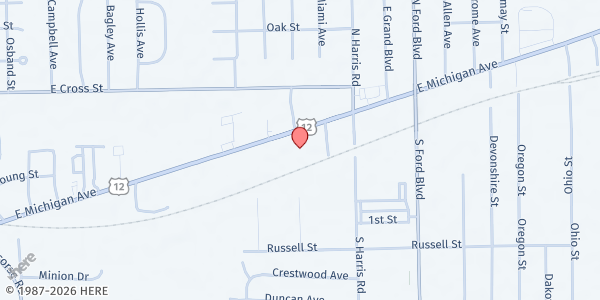 Map showing New Life Ministry Missions - Food Distribution Center at 1298 E Michigan Ave, Ypsilanti, MI