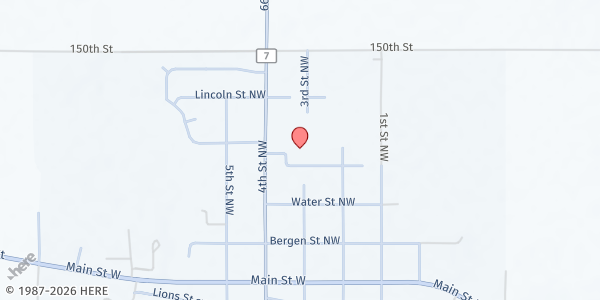 Map showing Southland Faith Food Shelf at 308 Lewison Street, Adams, MN