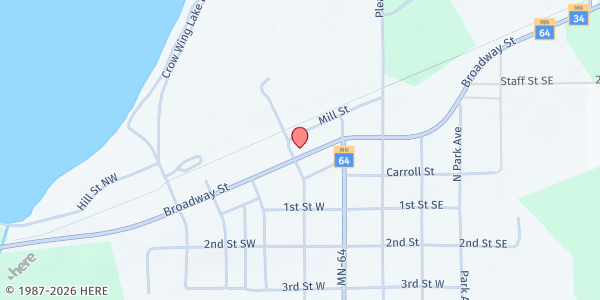 Map showing Akeley/Nevis Community Food Shelf at 6 Broadway Street East, Akeley, MN