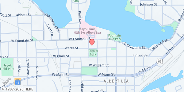 Map showing First Presbyterian Church at 308 Water St, Albert Lea, MN