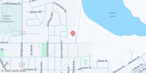 Map showing Ministries of Project Happiness at 1521 E Hawthorne St, Albert Lea, MN