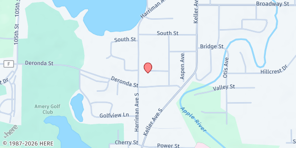 Map showing Amery Area Food Pantry at 230 Deronda Street, Amery, MN