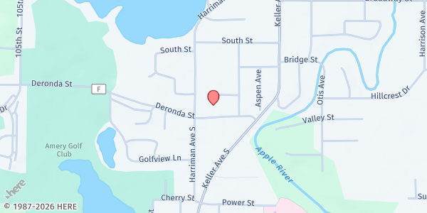 Map showing Amery Area Food Pantry at 230 Deronda Street, Amery, MN