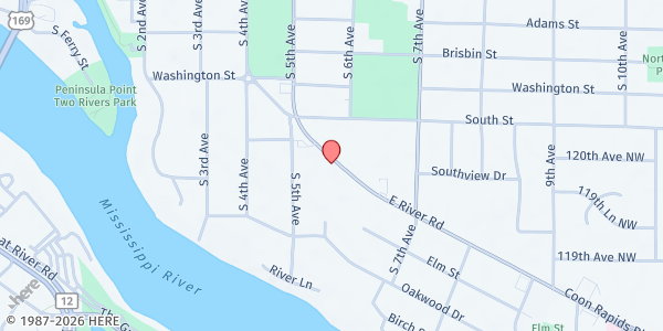 Map showing Advent Lutheran Church - Food Distribution Center at 540 E River Rd, Anoka, MN
