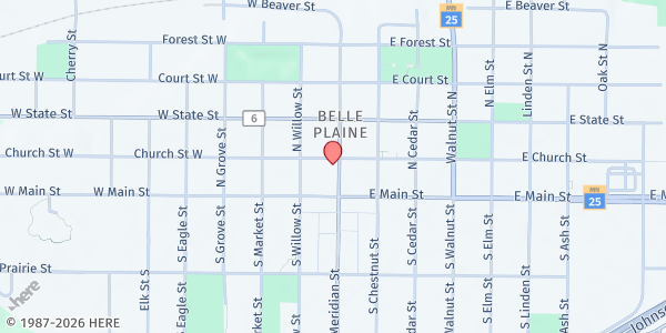 Map showing Belle Plaine Area Food Shelf at 128 N Meridian Street, Belle Plaine, MN